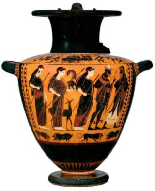 De Olympische goden waren diep begaan met het lot van Troje. Hermes en Athene steunden de Grieken bij hun beleg, terwijl Artemis (midden) de Trojaanse kant koos. Zwartfigurige vaas, ca. 600 v.Chr.