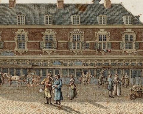 De Dam in 1775. Merk op dat er veel ‘gewone’ werkende mensen te zien zijn, waaronder een kruier en (helemaal rechts) iemand die vaten vervoert met een slee.