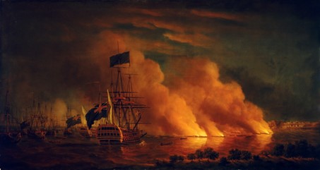 De vergeefse aanval op de vloot van Saunders door de Franse vuurschepen gedurende de nacht van 28 juni. Schilderij door Samuel Scott (1702-1772), 1767. NMM, Greenwich, London, Caird Collection (ID: BHC0393)