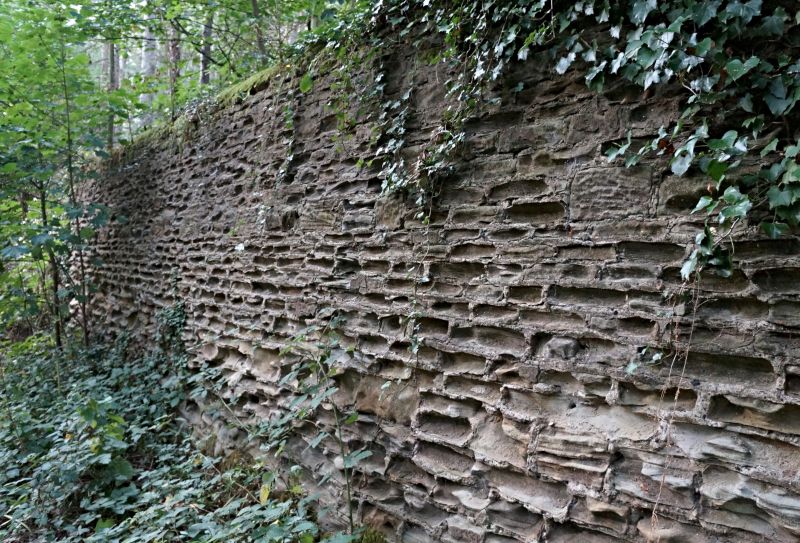 De inmiddels sterk verweerde zandstenen muur die Waterton liet bouwen rond zijn ‘reservaat’