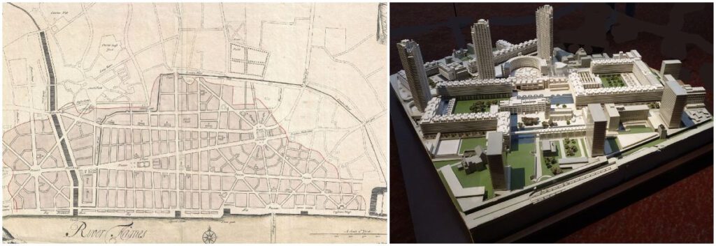 Links: Plan voor de herbouw van Londen na de Grote Brand | Rechts: Maquette van Barbican