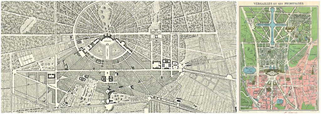 Links: Plan voor Karlsruhe, 1822 | Rechts: Kaart van Versailles, jaren 1920
