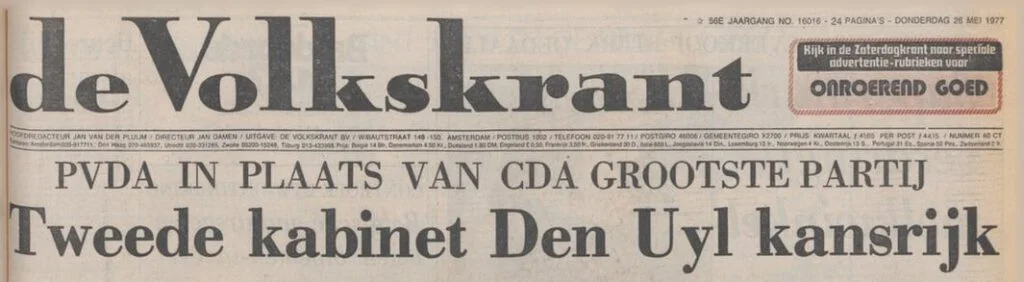 Kop over de PvdA-verkiezingsoverwinning van 1977 in de Volkskrant van 26 mei 1977