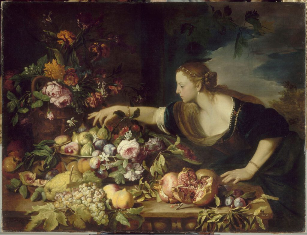 Vrouw pakt een vrucht van een schaal met bloemen en vruchten - Abraham Brueghel, 1669