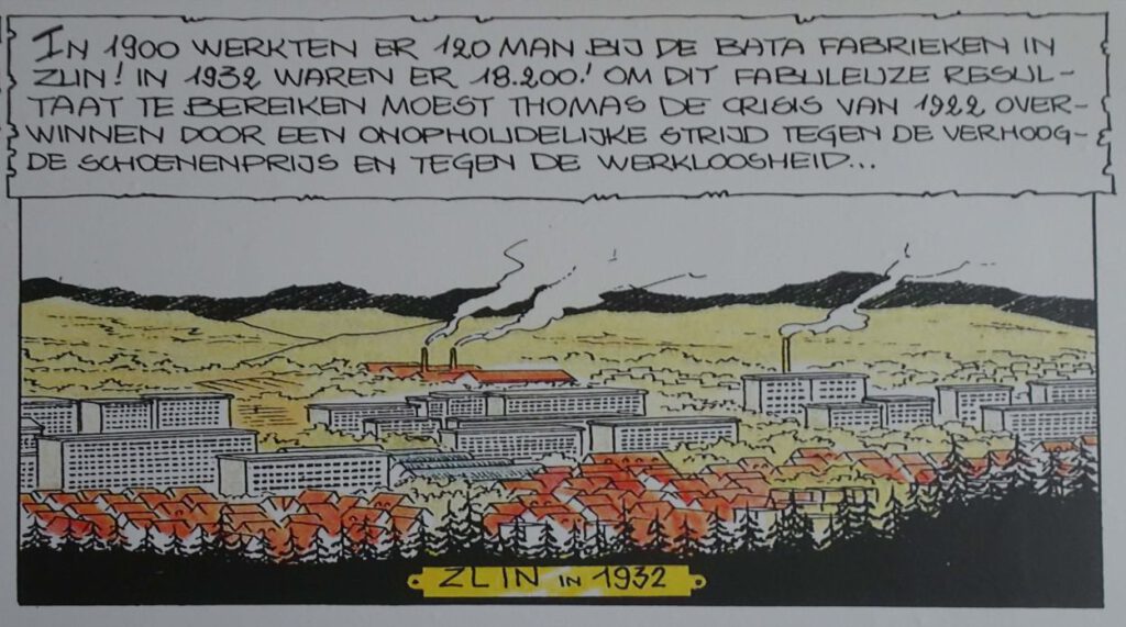 Een stripverhaal over de geschiedenis van Bata vult een wand in de ontvangsthal bij de Bata Superstore in Best.
