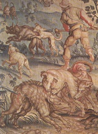 Wandtapijt met afbeelding van een Florentijnse wolvenjacht (ca. 14e eeuw), Galleria degli Uffizi, Florence, Italië