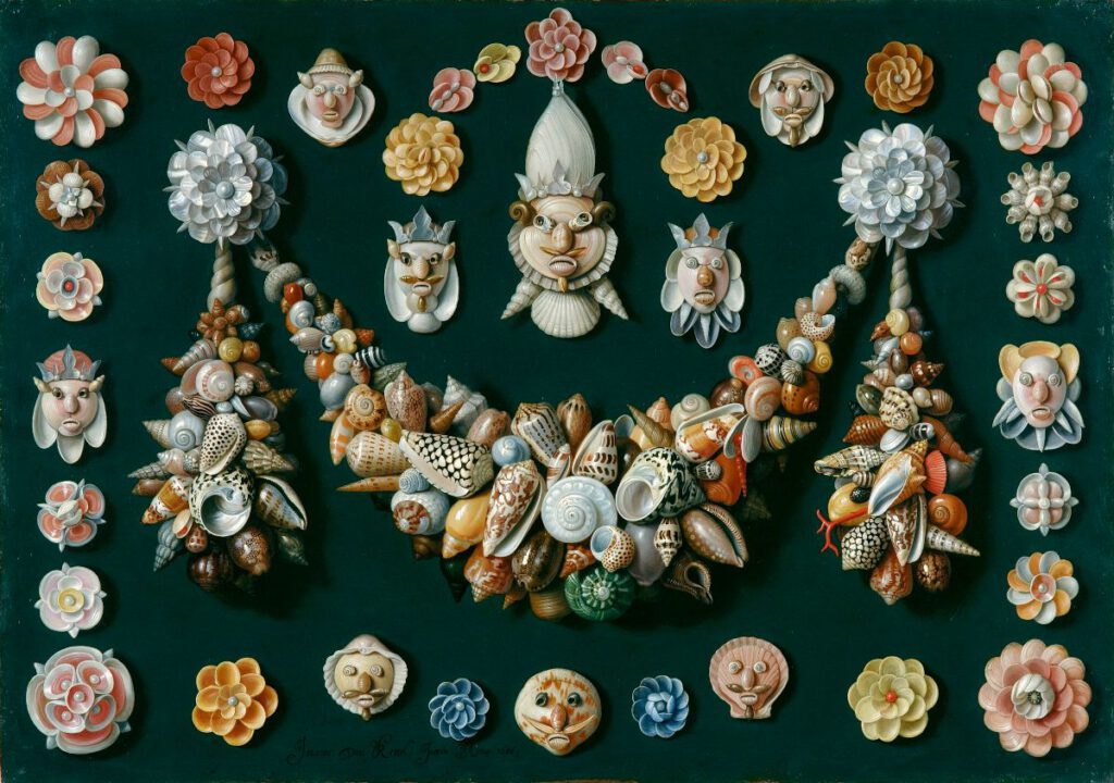 Guirlande, maskers en rozetten gemaakt van schelpen - Jan van Kessel de Oude, 1656