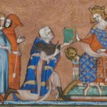 Lodewijk neemt een boek in ontvangst over zijn overgrootvader Lodewijk de Heilige.