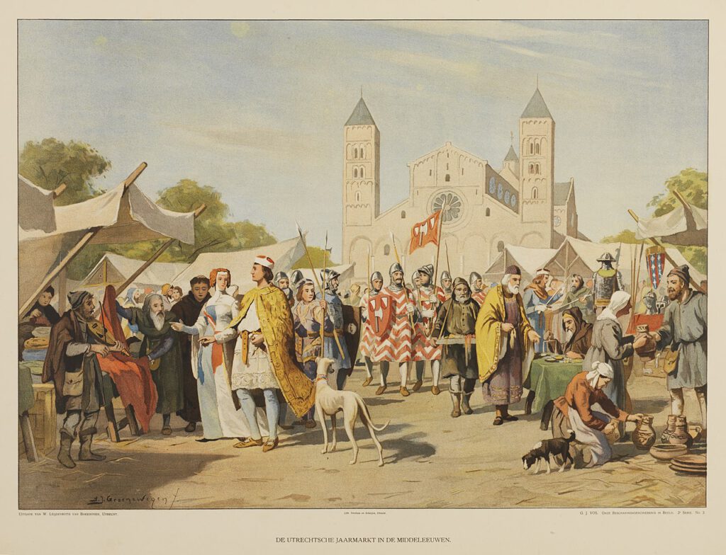 Schoolplaat van A.J. Groenewegen. Afbeelding van een middeleeuwse jaarmarkt op de Mariaplaats te Utrecht, met op de achtergrond de westgevel van de Mariakerk.
