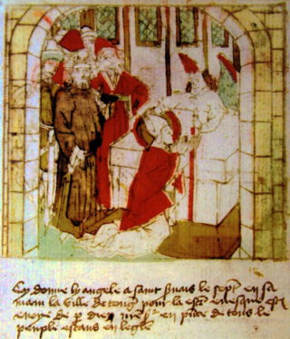 Servatius ontvangt te Tongeren de mijter en kromstaf uit handen van een engel. Tekening in een vijftiende-eeuws Frans manuscript