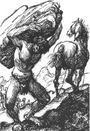 De bouwmeester van de Asen en zijn paard Svadilfari. Tekening van Robert Engels
