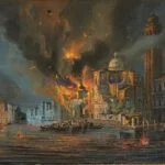 Dramatische weergave van de luchtaanval op Venetië van 12 juli 1849. In werkelijkheid werden er nauwelijks doelen getroffen.