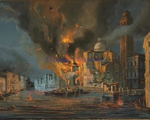 Dramatische weergave van de luchtaanval op Venetië van 12 juli 1849. In werkelijkheid werden er nauwelijks doelen getroffen.
