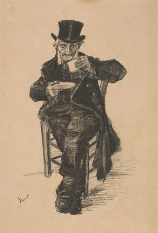 Koffiedrinkende oude man - Vincent van Gogh (1853 - 1890), Den Haag, november 1882, lithografie en waterverf op papier, 53.9 cm x 37.2 cm, Van Gogh Museum, Amsterdam (bruikleen Monique Hageman)