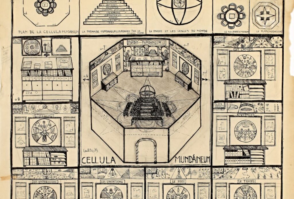Tekening uit de ongepubliceerde Atlas Monde van Paul Otlet, met een afbeelding van het zogenoemde Cellula Mundaneum, het 'heilige der heilige' van zijn Mundaneum.