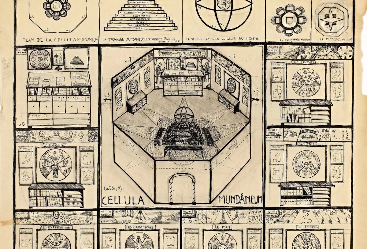 Tekening uit de ongepubliceerde Atlas Monde van Paul Otlet, met een afbeelding van het zogenoemde Cellula Mundaneum, het 'heilige der heilige' van zijn Mundaneum.