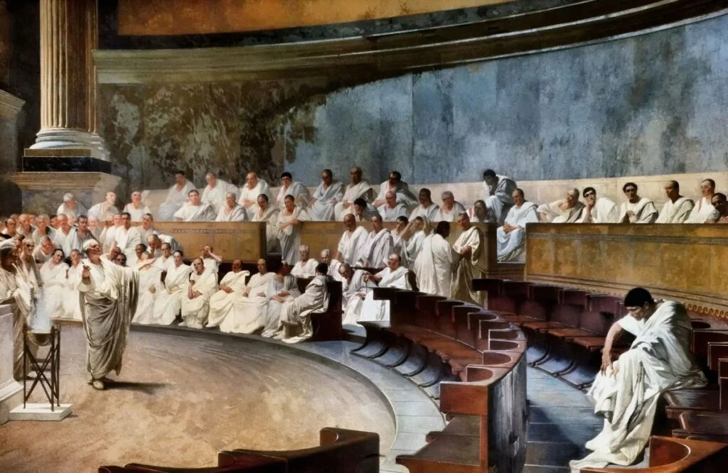 Verbeelding van een van de Catilinarische redevoeringen. Cicero klaagt Lucius Sergius Catilina aan