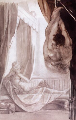 Henry Fuseli, Brunhilde hangt tijdens de huwelijksnacht haar man Gunter aan het plafond. 1807.