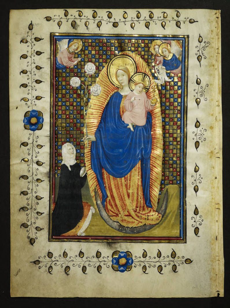Maria als weduwe met drie bloemen in het deel van het gebedenboek dat werd toegevoegd na de dood van haar man Reinald  