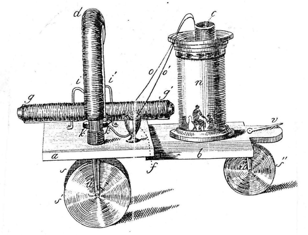 Octrooi van de electromagnetische wagen (18350, beschreven in de Algemeene Konst. & Letterbode, met meerdere schetsen.
