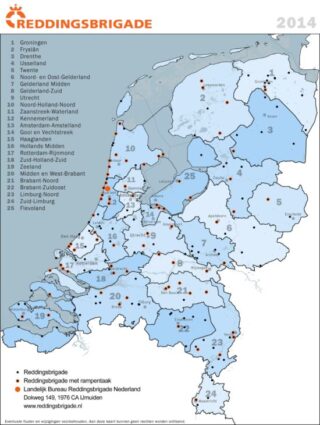 Kaart uit 2014 met locaties van de reddingsbrigade in Nederland