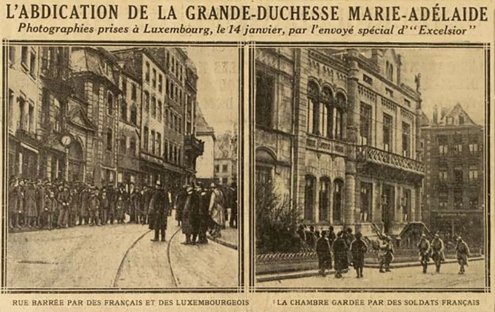 Franse militairen bewaken het Luxemburgse parlementsgebouw op 10 januari 1919, terwijl de parlementsleden het aftreden van Maria Adelheid en haar opvolging door Charlotte goedkeurden (Excelsior, 18-1-1919, BnF Gallica)