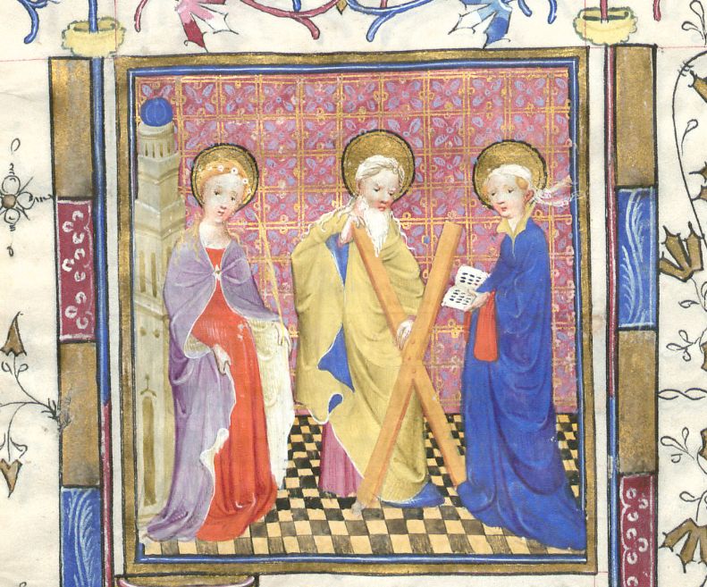 Miniatuur met de twee heiligen en de dame in blauw