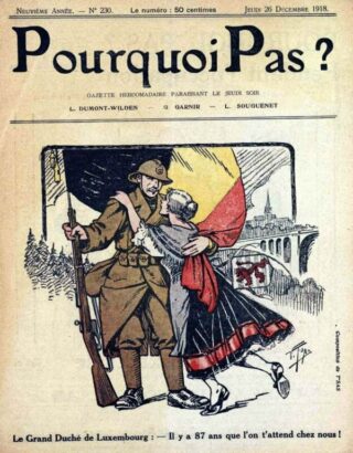Tekening op de voorpagina van het Brusselse weekblad 'Pourquoi Pas?' van 26 december 1918, waarop te zien is hoe de Groothertogin laat weten al 87 jaar op België te wachten...