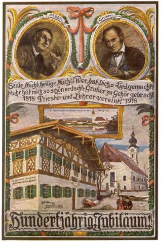 Joseph Mohr, linksboven en Franz Gruber, rechts op een herdenkingskaart ter gelegenheid van het honderdjarig jubileum van Stille Nacht