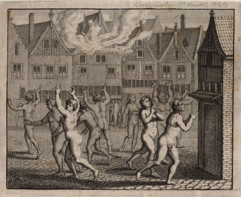 De opmaat tot de revolte in 1535 in Amsterdam: wederdopers lopen naakt door de straten. Prent van Jan Luyken uit 1693