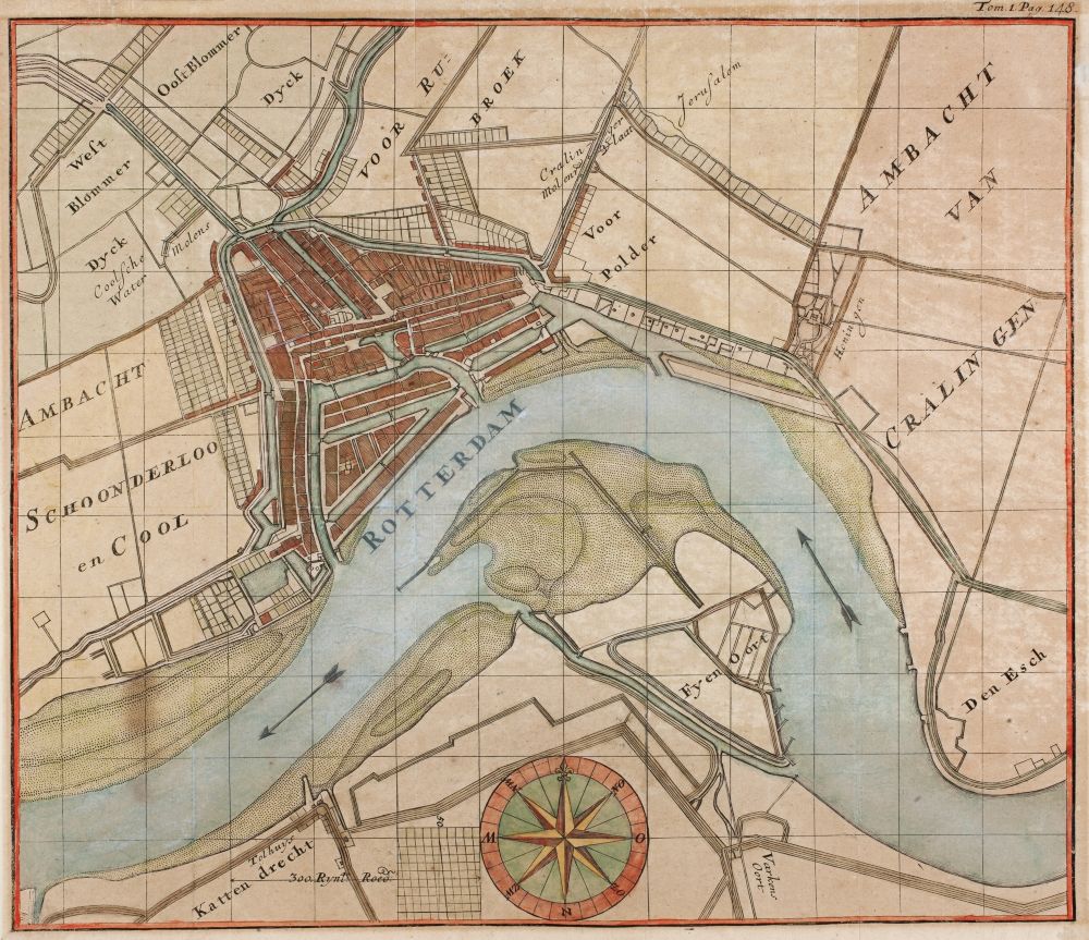 Situatie Rotterdam rond 1700, kaart Pierre Ancelin. Stadsarchief Rotterdam, toegangsnr. 4001 Collectie kaarten en plattegronden, 1558-, inv.nr. 2001-692.