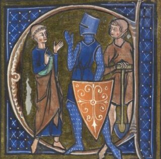 De drie middeleeuwse standen verenigd in een initiaal; van links naar rechts: geestelijkheid, adel en boerenstand.