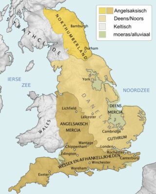 Engeland in 878. Het Danelaw-gebied is in beige.