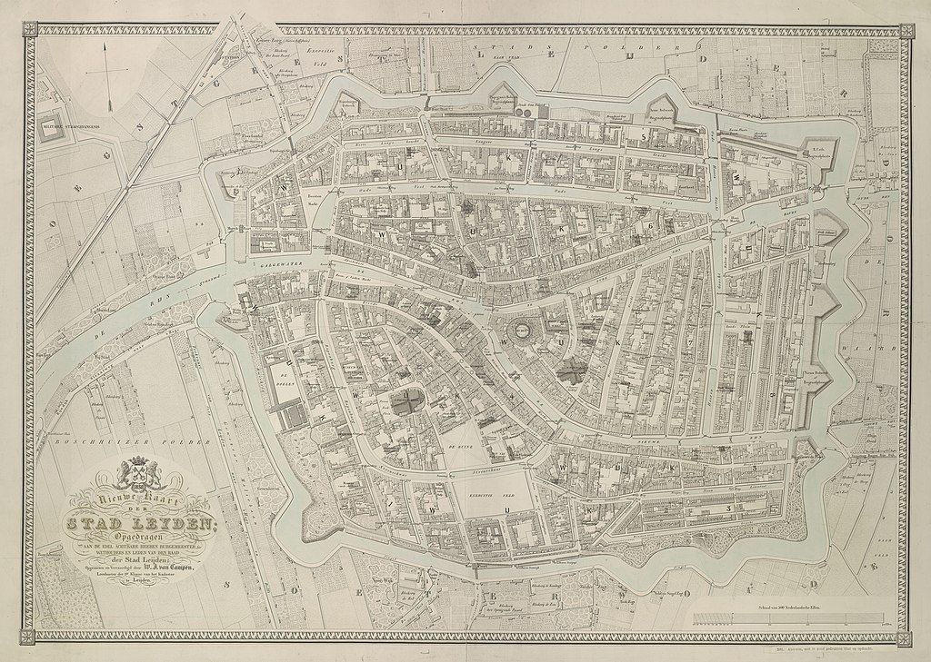 In 1850 door landmeter J.W. van Campen gemaakte ‘Nieuwe Kaart der Stad Leiden’. Volwassen Leidse mannen waren toen gemiddeld maar krap 1,67 meter lang. 