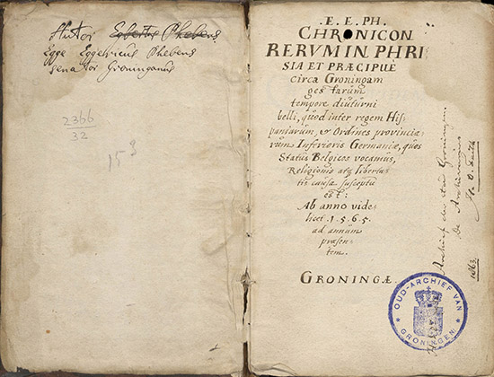 Titelblad Latijnse versie van Kroniek van Groningen, 1565-1595. Schrijver Eggerik Egges Phebens