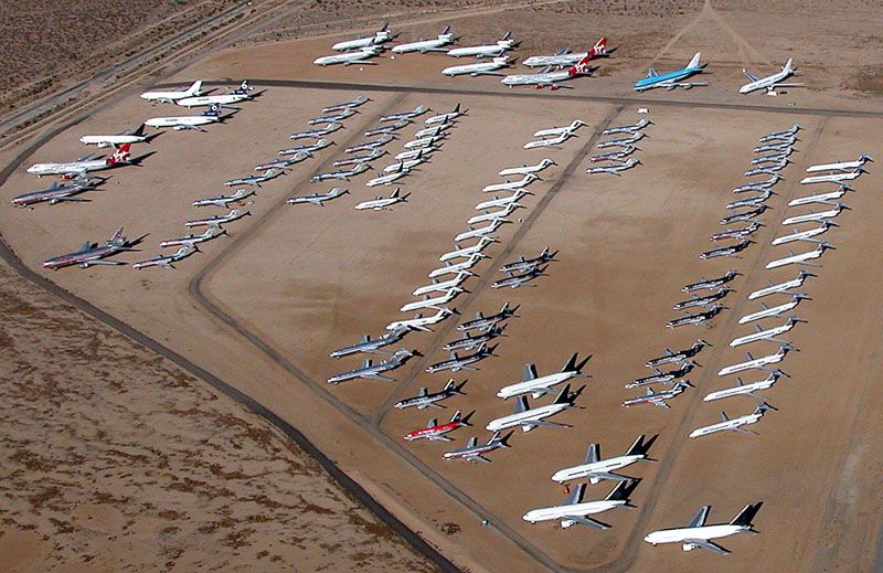 Opslagplaats voor commerciële vliegtuigen op Mojave Airport