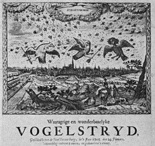 Afbeelding in een pamflet over de 'Waaragtige en Wonderbaarlyke Vogelstrijd'