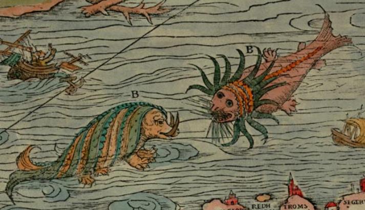 Zeemonsters op een zestiende-eeuwse kaart van Olaus Magnus