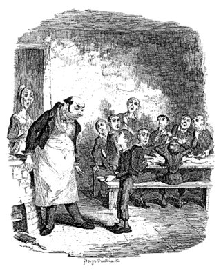Op deze illustratie van George Cruikshank vraagt Oliver Twist extra voedsel voor zichzelf en andere ‘tiny children’.