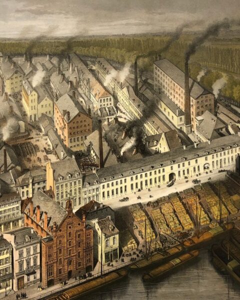 De fabrieken van Regout op een litho uit Regouts ‘Album dedié a mes amis et mes enfants’, 1863.