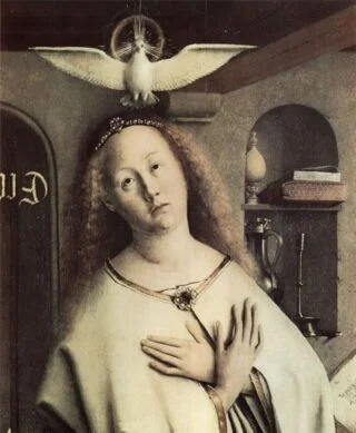 Maria met een duif als symbool van de Heilige Geest, detail van de achterzijde van Het Lam Gods van Jan van Eyck