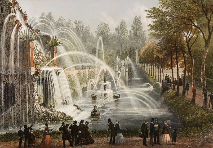 Litho van de lusttuinen van Regout rond zijn ‘kasteel’ Vaeshartelt uit zijn ‘Album’, 1863