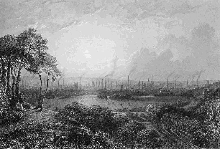Een blik op het woud aan fabrieksschoorstenen in Manchester in 1840. Deze Engelse stad gold tijdens de industriële revolutie als hét centrum van de textielindustrie en werd daarom ook wel ‘cottonpolis’ (katoenstad) genoemd. 