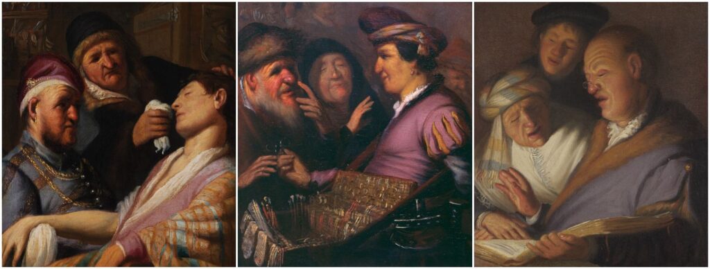 Drie werken uit de zintuigenreeks: 'Flauwgevallen patiënt' (De reuk), 'Brillenverkoper' (Het gezicht) en 'Drie zangers' (Het gehoor) - Rembrandt van Rijn, ca. 1624-25