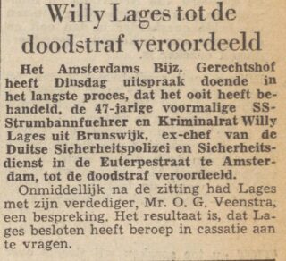 Krantenbericht over de veroordeling van Willi Lages