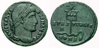 Munt van keizer Constantijn met een labarum, ca. 337