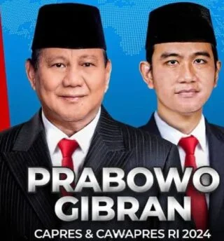 Poster voor presidentskandidaat Prabowo en vice-presidentskandidaat Gibran.