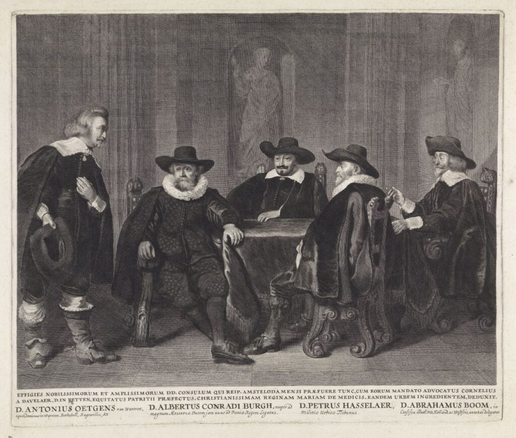 De vier Amsterdamse burgemeesters – van links naar rechts Oetgens, Burgh, Hasselaer en Boom - in 1638 rond een tafel geschaard.