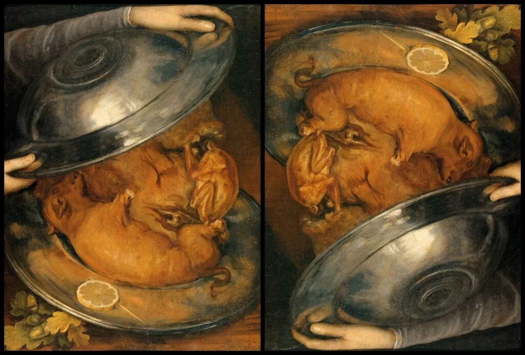 Een schaal groente die omgekeerd het portret van een kok vormt 