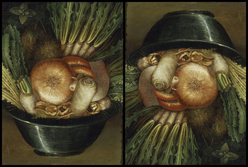 Een schaal groente die omgekeerd het portret van een groenteboer vormt